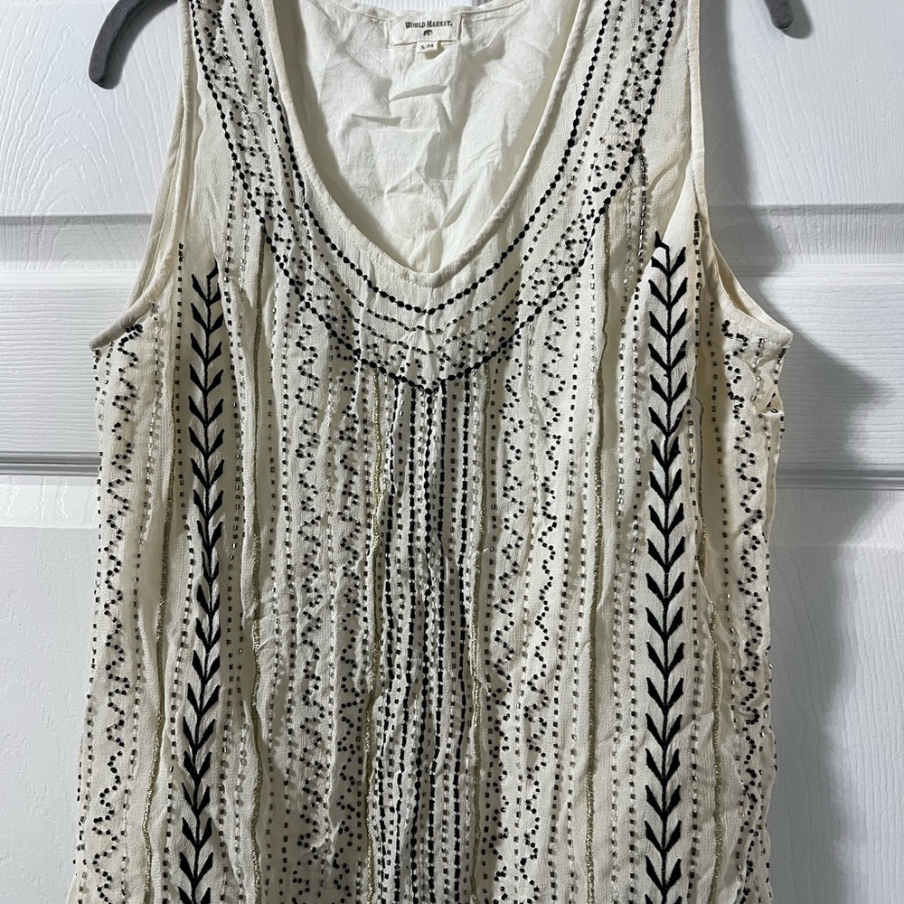 World Market Embroidered Sleeveless cream Beaded Top